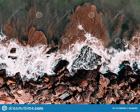 Aerial View Seascape Ocean Waves Crashing Drone Photography Stock