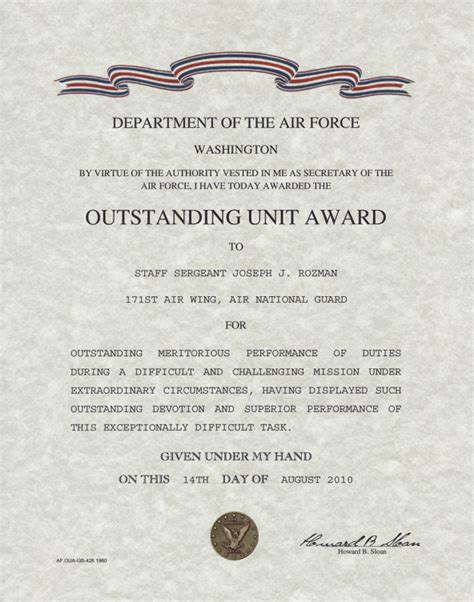 Air Force Outstanding Unit Award Certificate