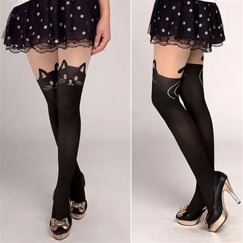 Fashion New Tights Pantyhose Women Sexy Stockings Cat Print Cross Strap Cartoon Spring Autumn