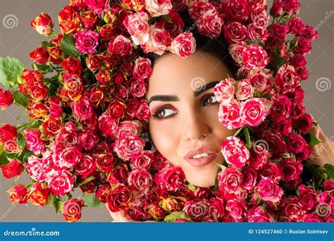 Beauty Woman Makeup Face With Red Roses Flower Wreath On Head Stock