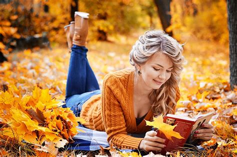 Womens Orange Long Sleeved Shirt Autumn Girl Foliage Book Hd