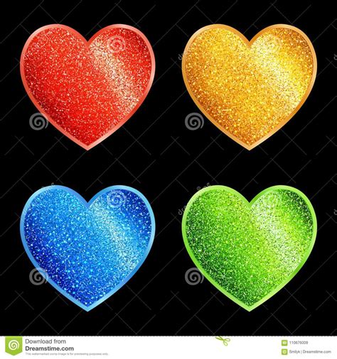 Set Of Isolated Stylized Glittering Hearts Of Different Colors Stock