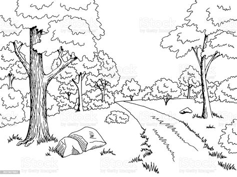 Forest Road Graphic Art Black White Landscape Sketch ...