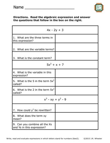Identify Parts Of An Expression Worksheet 6ee2 Algebraic