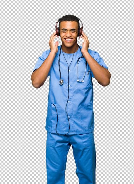 Premium Psd Surgeon Doctor Man Listening To Music With Headphones