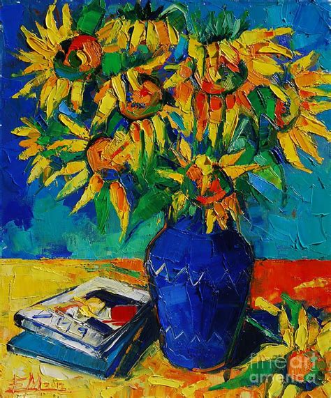 Sunflowers In Blue Vase By Mona Edulesco Flower Art Blue Vase Artwork
