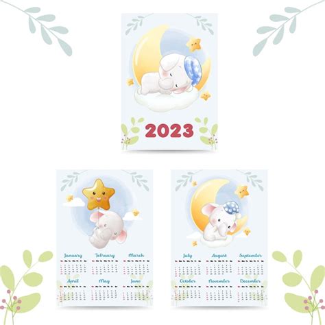 Lindo Calendario 2023 Con Cría De Elefante Vector Premium
