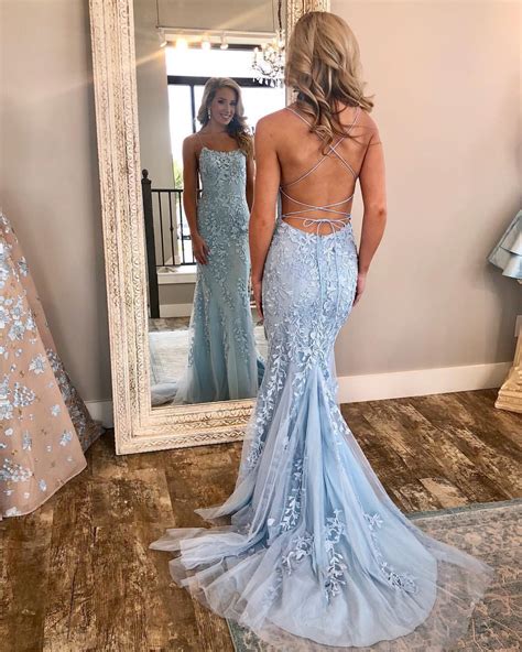 Spaghetti Strap Sky Blue Mermaid Prom Dresses Backless Pageant Formal
