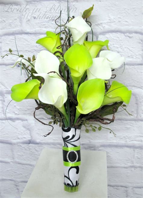Wedding Bouquet Real Touch Calla Lily Lime Green White Damask