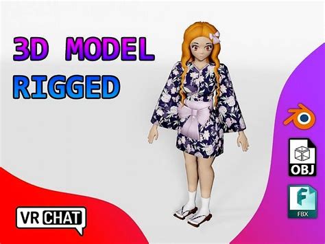 vrchat character kimono anime girl 3d model