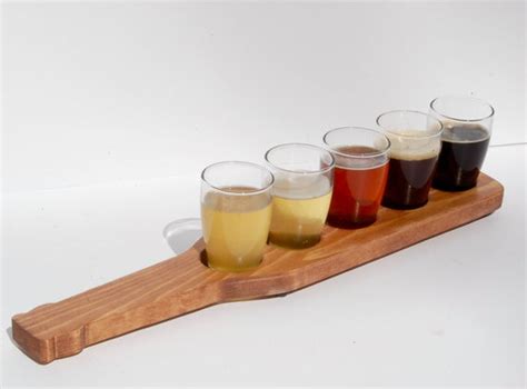Quality wooden shot glass tray custom design shot glass serving tray for beer. Custom Beer Flight Beer Paddle 5 glass holder