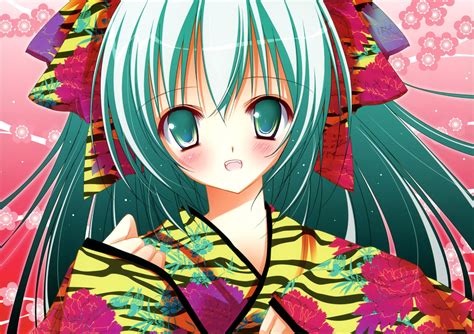 Blush Green Eyes Green Hair Japanese Clothes Kimono Long Hair Natsuki