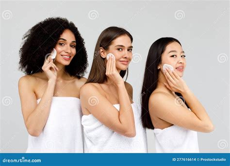 Facial Skincare Concept Young Three Diverse Ladies In Towels Using