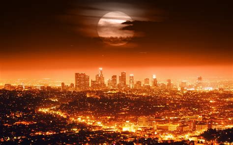 Usa City Lights Night Los Angeles Skyline Full Moon Moon Wallpaper