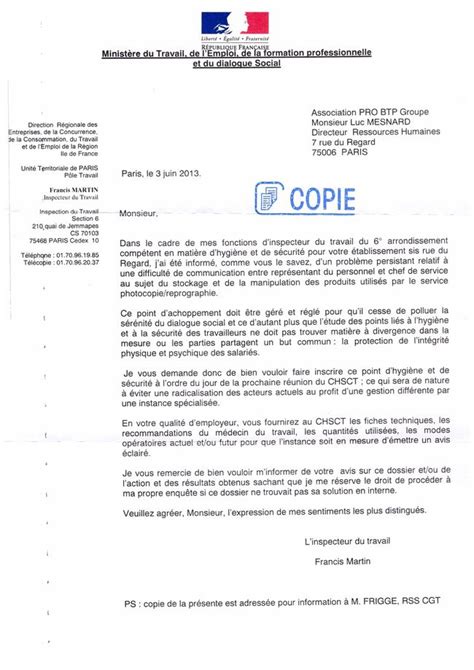 CHSCT Courrier Inspection Du Travail Le Blog De La CGT PRO BTP