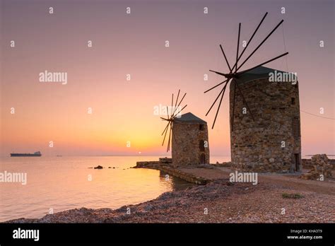 Sunrise Image Of The Iconic Windmills In Chios Town Stock Photo Alamy