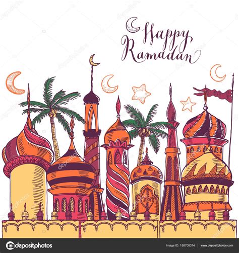 Ramadan Greeting Illustration With Silhouette Of Mosque Multicolor