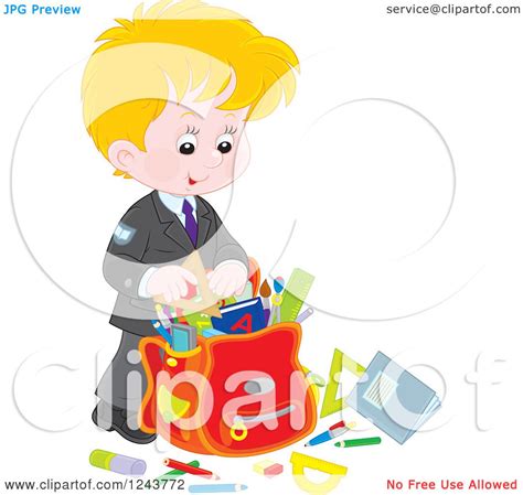 Clipart Of A Blond Caucasian School Boy Packing Supplies In A Bag