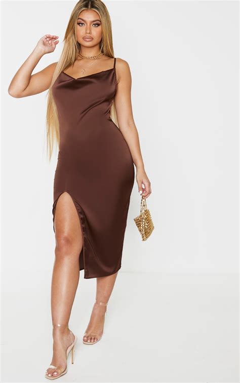 Chocolate Brown Strappy Satin Cowl Midi Dress Prettylittlething Ire