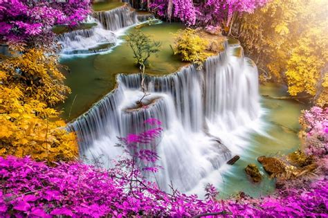 Exotic Waterfall And Lake Landscape Panoramic Beautiful Waterfall In