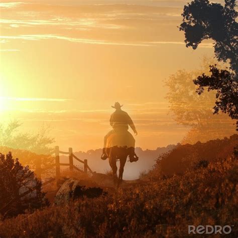 Fototapeta Sunset Cowboy Kowboj Jedzie Od Do Zachodu Słońca W