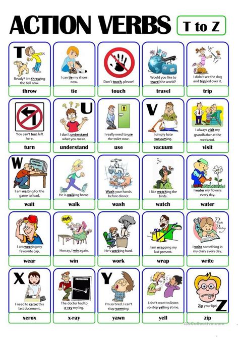 Pictionary Action Verb Set From T To Z Worksheet Free Esl