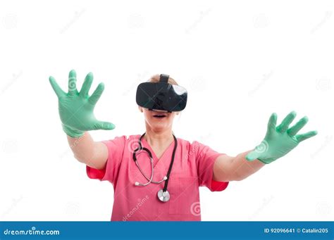 female nurse wearing virtual reality goggles acting scared stock image image of innovation