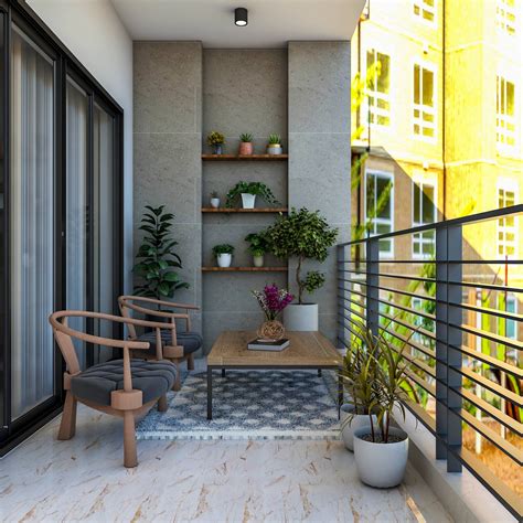 Compact Balcony Design Idea With Shelves And Planters Livspace