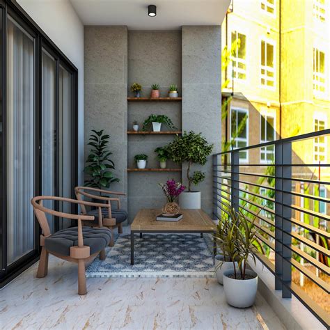 Compact Balcony Design Idea With Shelves And Planters | Livspace