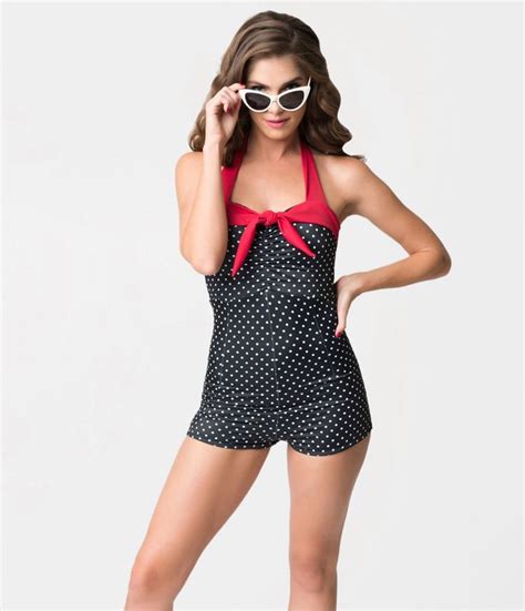 Vintage Style Black And White Polka Dot Pin Up Romper Swimsuit Retro