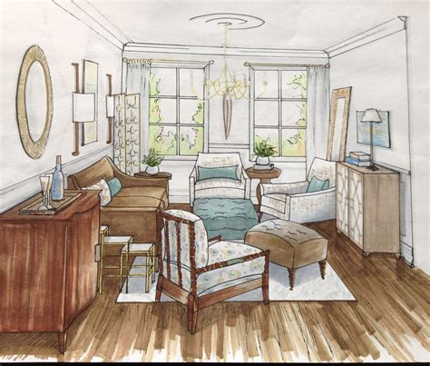 Living Room Sketch Interior Design Renderings Drawing Interior