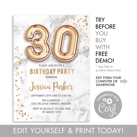 30th Birthday Party Invitation Instant Download Digital Template