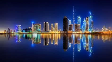 Hd Wallpaper Dubai City Lights 8k Uae Downtown Water