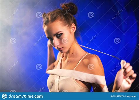 Portrait Of Sultry Beautiful Young Gymnast Woman Posing With Gymnastics Tape Stock Image Image