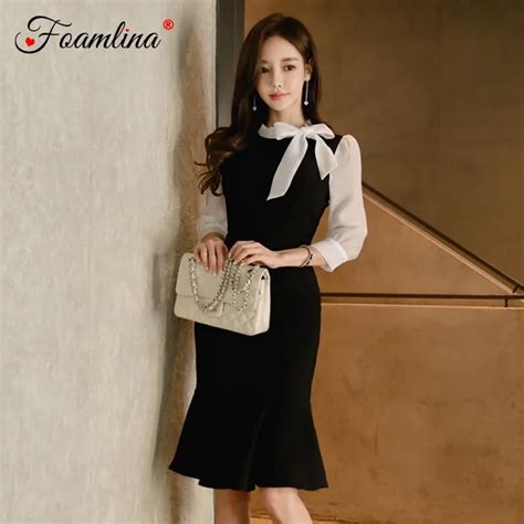 Foamlina Elegant Women Patchwork Bodycon Dress Korean Ol Fashion Bodycon Dress Bowkot 34 Sleeve