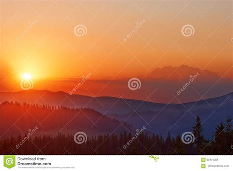 Colorful Golden Sunrise Over The Valley In The Carpathians Stock Image
