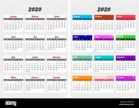 Colorful Year 2020 Calendar Set Vertical Calendar Template Editable