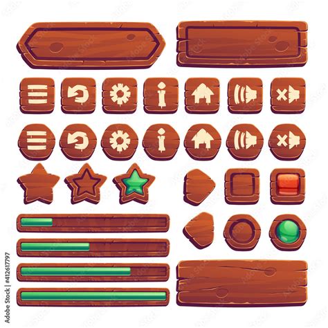 Wooden Buttons For Ui Game Gui Elements Isolated On White Background