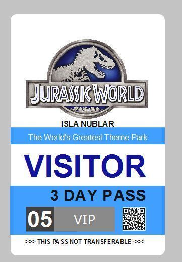 Jurassic World Visitor Pass Id Badge Prop Pvc Card Free Shipping