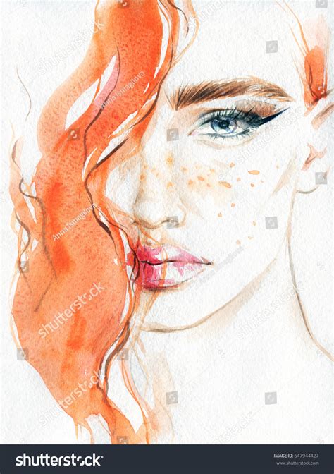 Abstract Woman Face Fashion Illustration Watercolor Ilustrações Stock