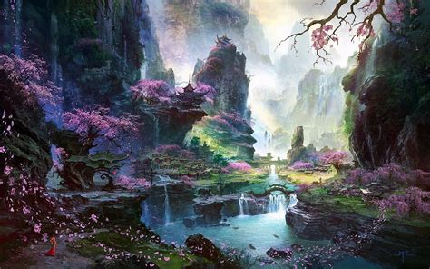 Fantasy Art Asian Architecture Cherry Blossom Wallpapers Hd Desktop