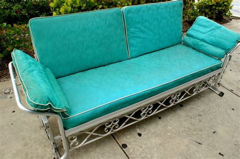 Vintage 1950s Aqua Vinyl Aluminum Patio Glider Sofa
