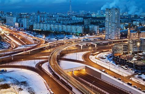 Road Junction In The Streets Of Moscow In Winter Night Stock Image
