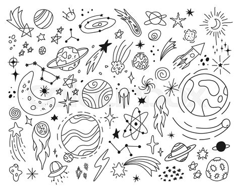 Space Doodles Cute Stars And Planets Sketch Drawings Hand Drawn