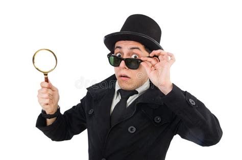 Young Detective In Black Coat Holding Magnifying Stock Image Image Of