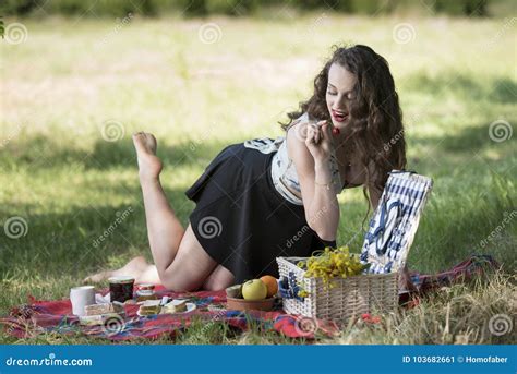 Young Beautiful Woman Having A Picnic Stock Image Image Of Chest