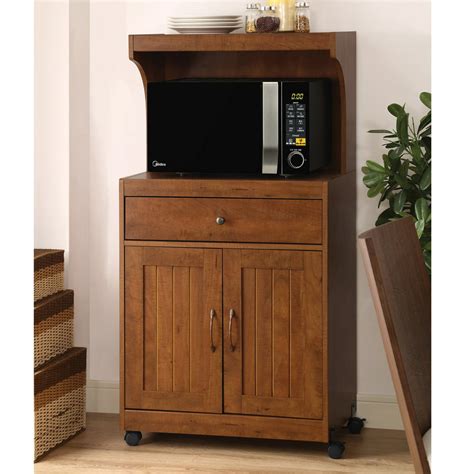 Home Source Oak Microwave Cart With Double Door Cabinet 1 Drawer And