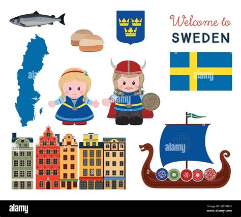 Welcome To Sweden Traditional Scandinavian Symbols Set With Cartoon