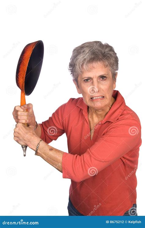 Angry Mother Swinging A Frying Pan Stock Photo Image Of Caucasian