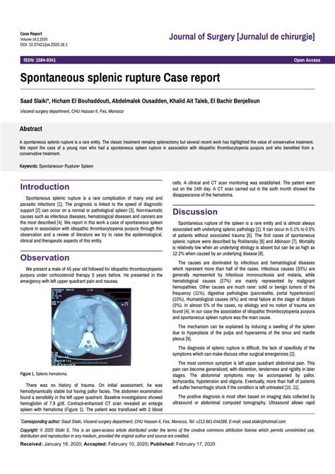 Pdf Spontaneous Splenic Rupture Case Report